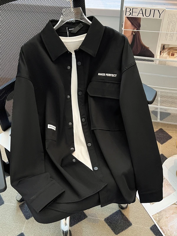 

plus Size Bla Men's irt Spring Casual Loose High-End Workwear irt Jaet for Fat Men Trendy Long Sve Polyester Fiber