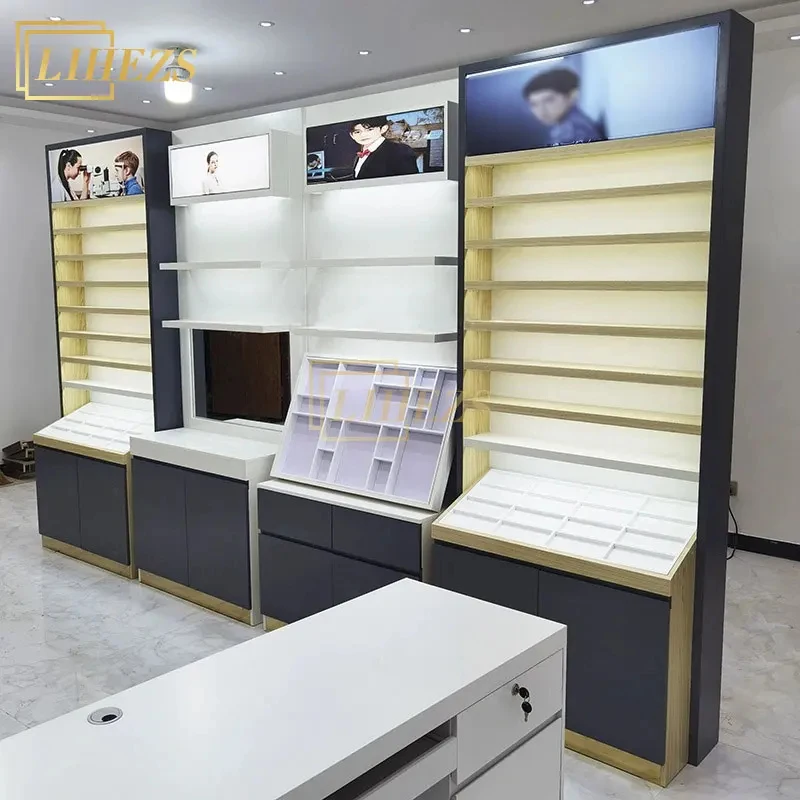 custom.Modern MDF Wood Optical Showcase Shelving Spectacle Display Stand with Eye Glasses Display Light