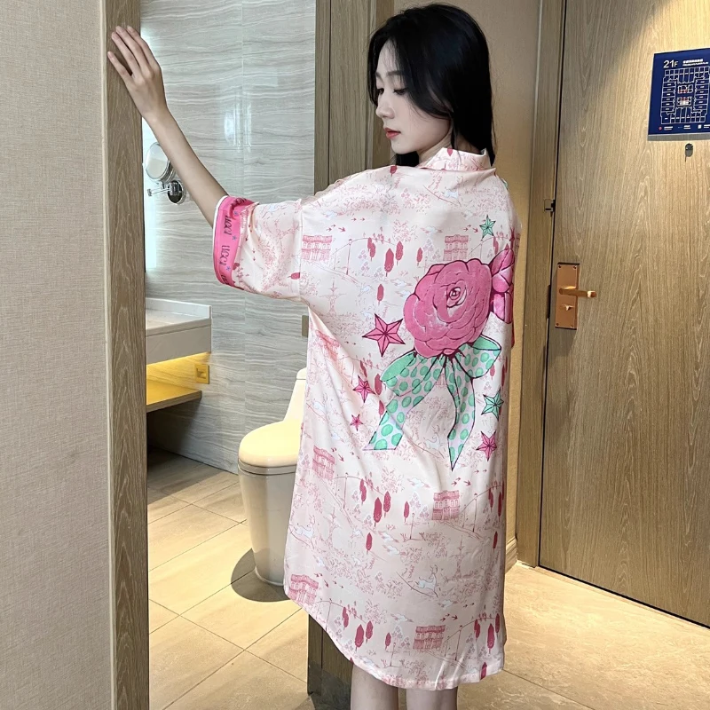 Stain Nightdress for Women Short Sleeve Spring Summer Nightgowns & Sleepshirts Women Sleepwear Shirt Buttons Outwear Shirt