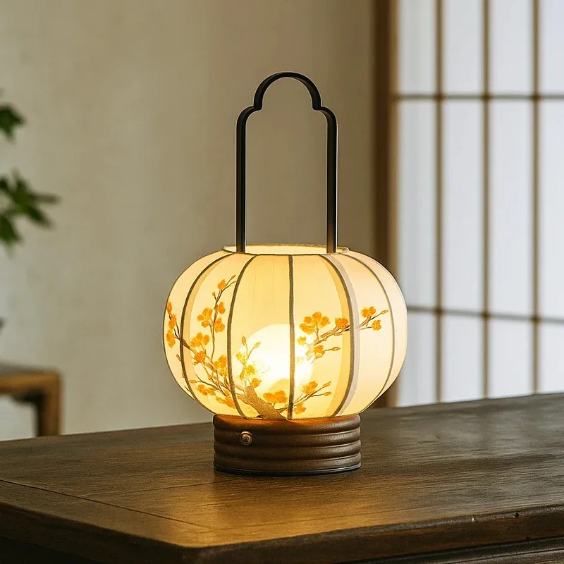 Decorative table lamp Chinese retro hand-painted plum blossom rechargeable mobile bedside calligraphy atmosphere light