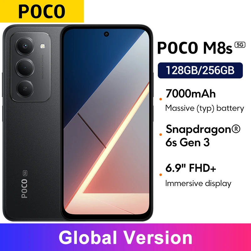 POCO M8s 5G Глобальная версия 7000 мАч Snapdragon ®   Смартфон с мобильной платформой 6s Gen 3, основной камерой 50 МП, 6,9-дюймовым FHD+ DotDisplay-дисплеем и частотой обновления 144 Гц