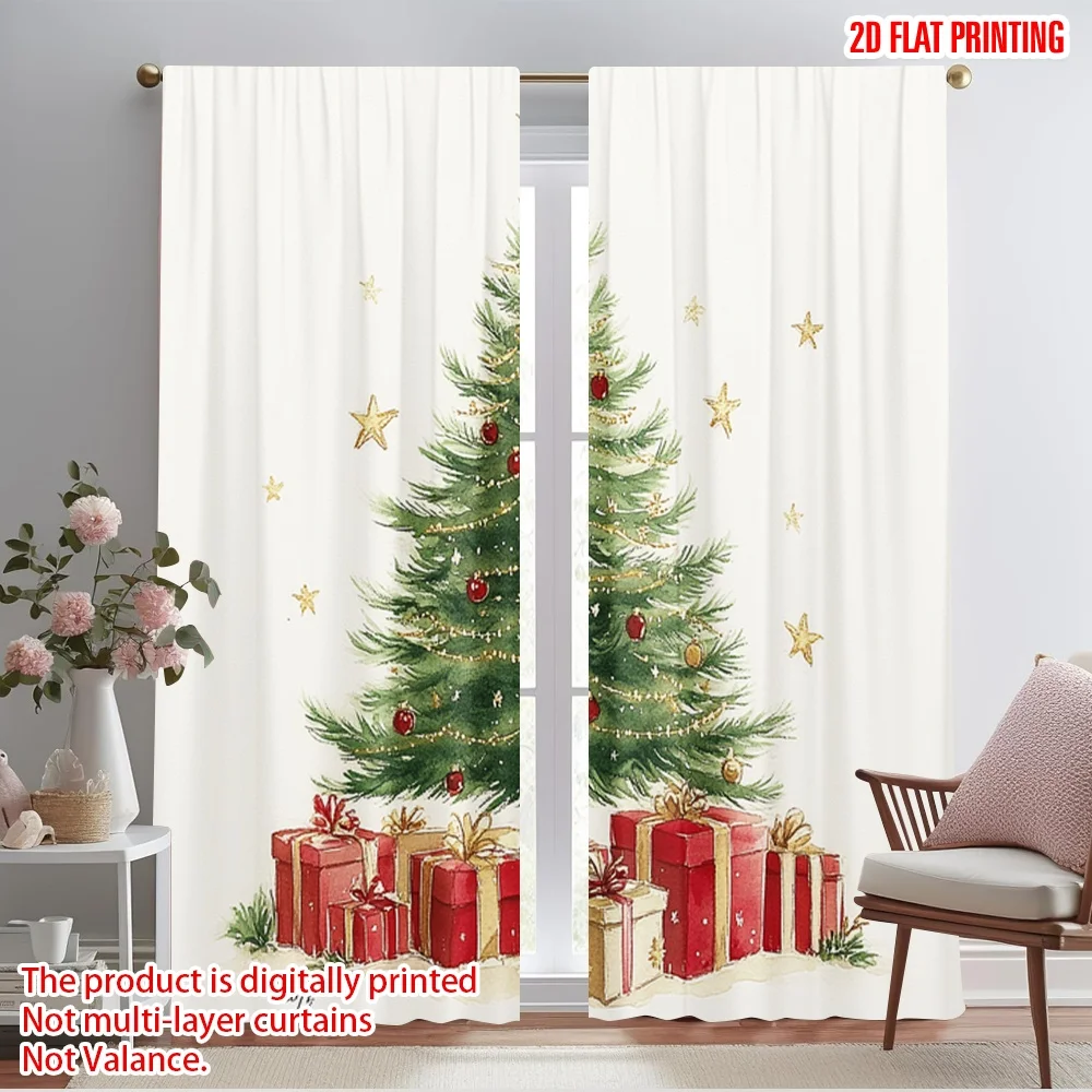 2pcs,2D plane printing Print Curtains Christmas Tree Gifts Festive (3) Durable Polyester (without rod) Versatile All Ldeal for