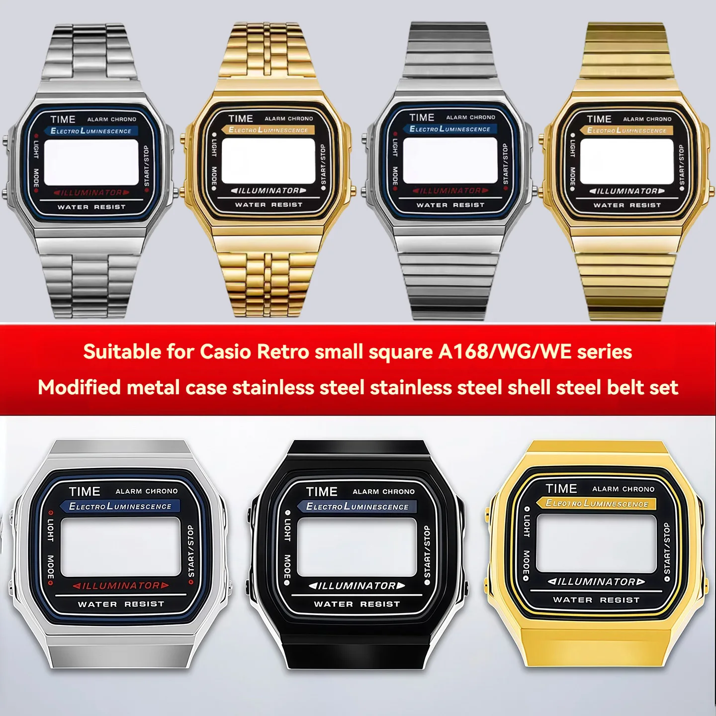Pour Casio A168WA A168WG-1A/B – Pièces de rechange et de modification pour montre vintage carrée en acier inoxydable avec bracelet en métal