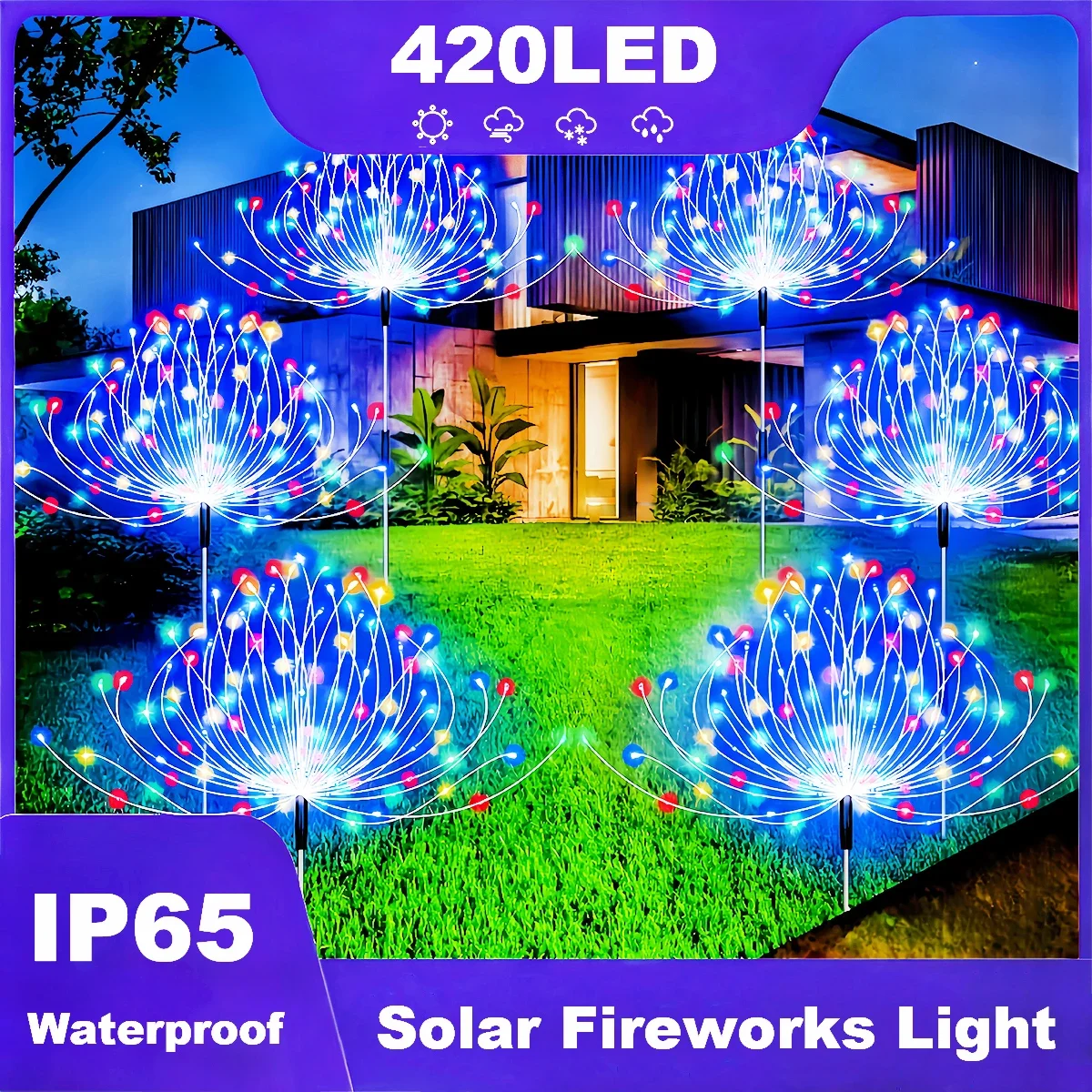 

420LED Solar Firework Lights Outdoor IP65 Waterproof 300/200/60LED Solar Garden Flower Lights 1 Pack With 8 Lighting Modes Light