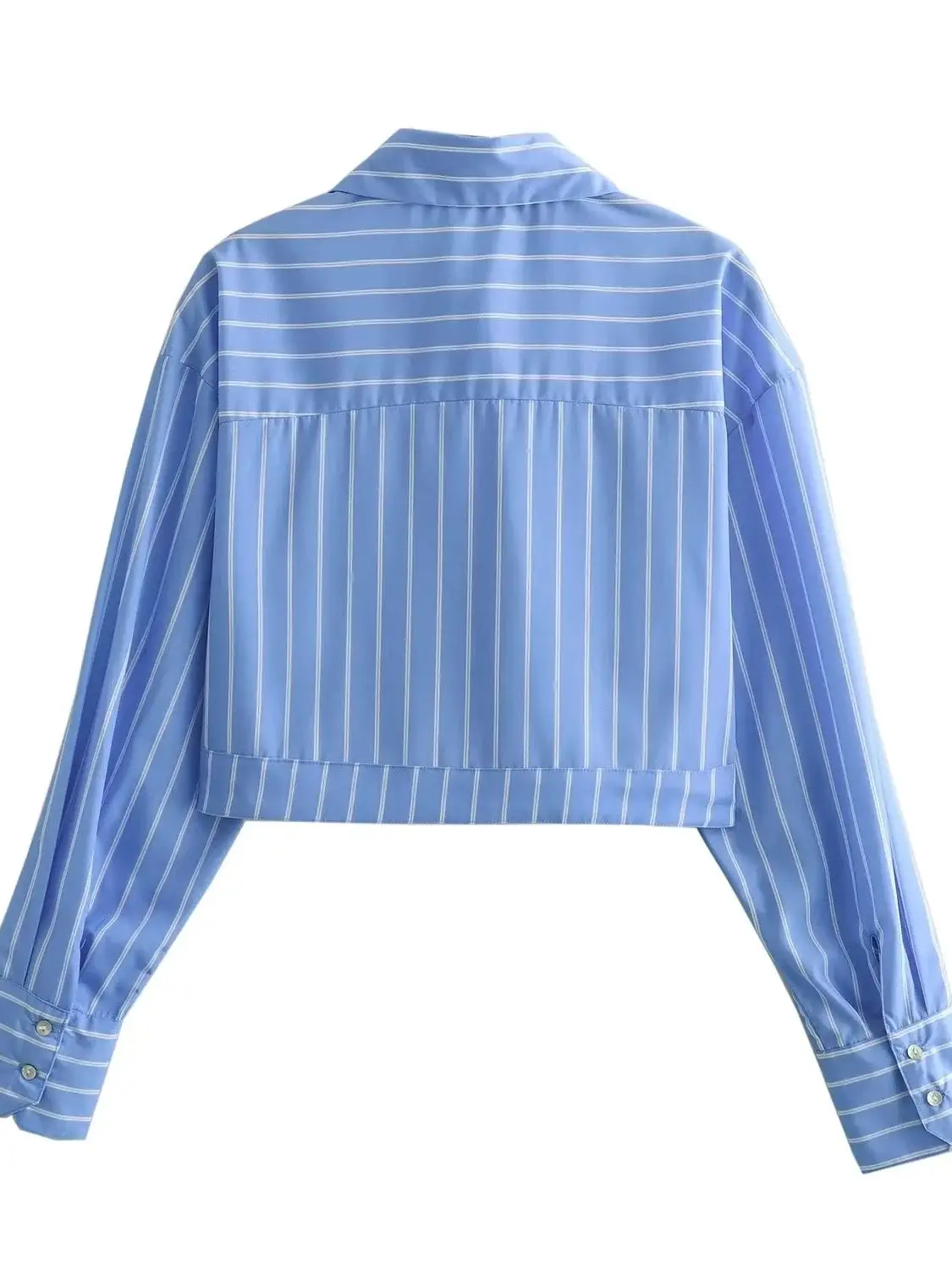 XNWMNZ 2024 Women\'s Fashion Crop Striped Shirt Women Retro Lapel Long Sleeve Pocket Versatile Female Top