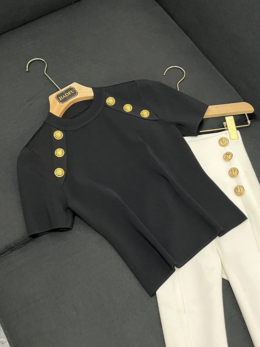 

Slimming ort T-irt round Ne ort Sve Commute Faion Women's Top Metal Button round Ne ort Length B20550