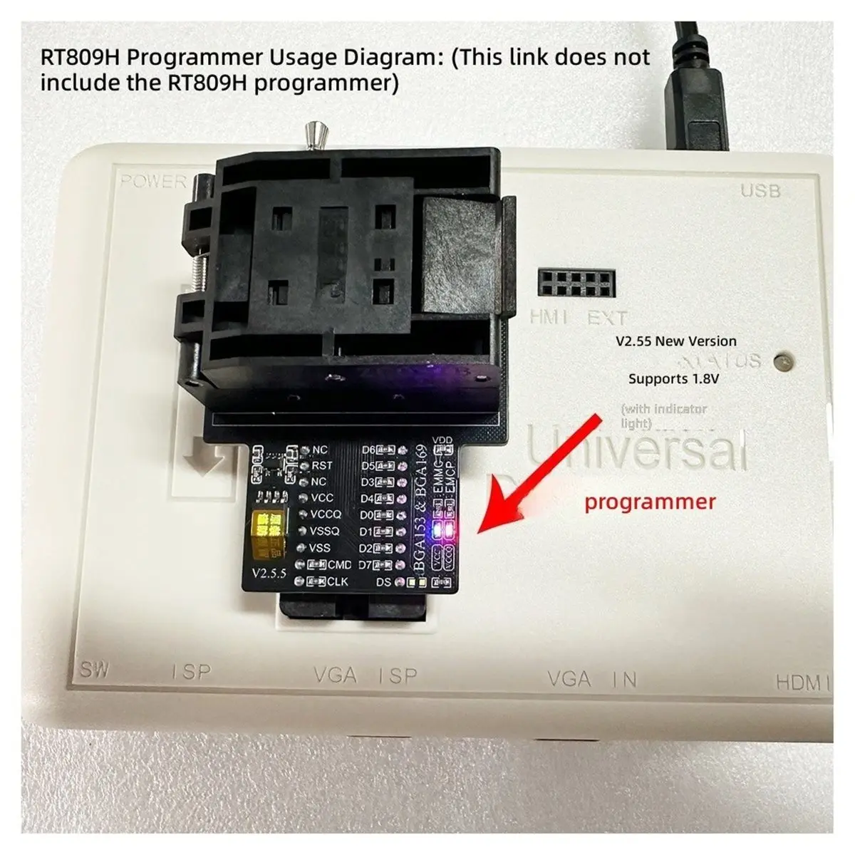 V2.55 RT809H/ Emmc Adapter Emmc Burning Seat, BGA153 BGA169 Emmc Adapter, Socket for Chip Repair and Data Programming