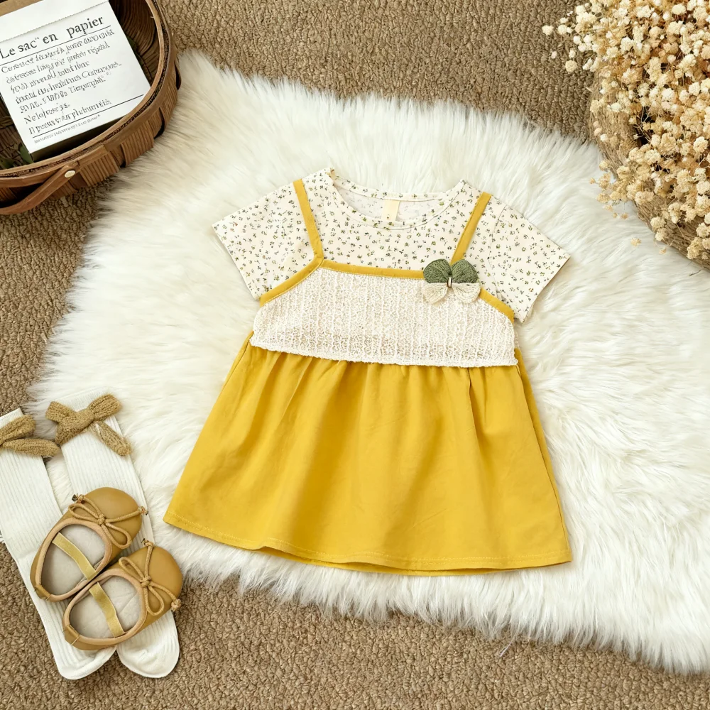 

Платья для девочек, летние универсальные платья с короткими рукавами и цветочным принтом для маленьких девочек, милые повседневные детские платья, одежда для маленьких девочек