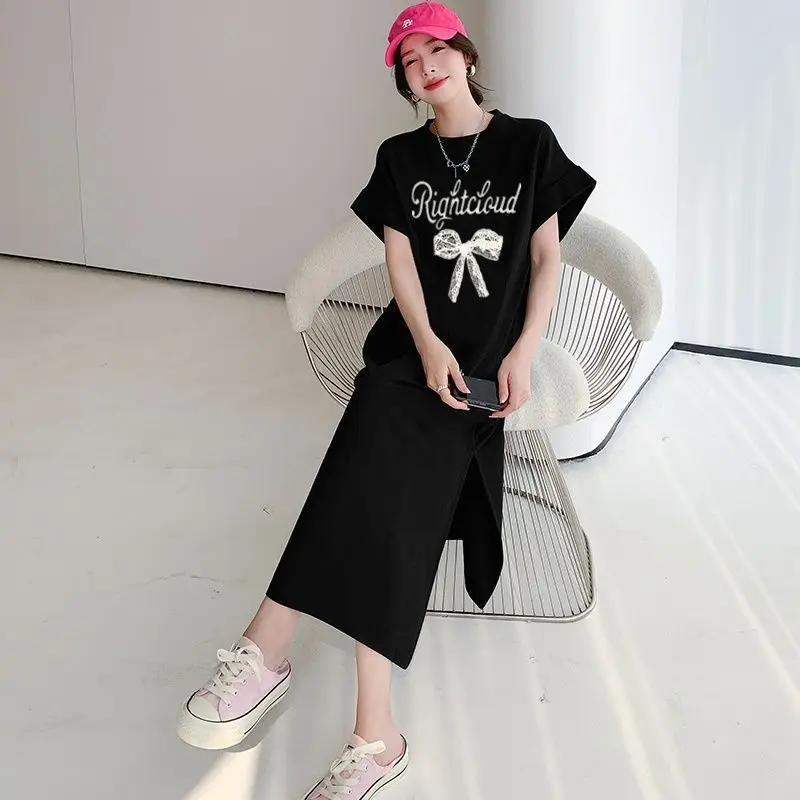 한국 스타일 반팔 프린트 드레스 미디 길이 사이드 슬릿 패션 플러스 사이즈 여성 의류 맥시 드레스 티셔츠 롱 드레스