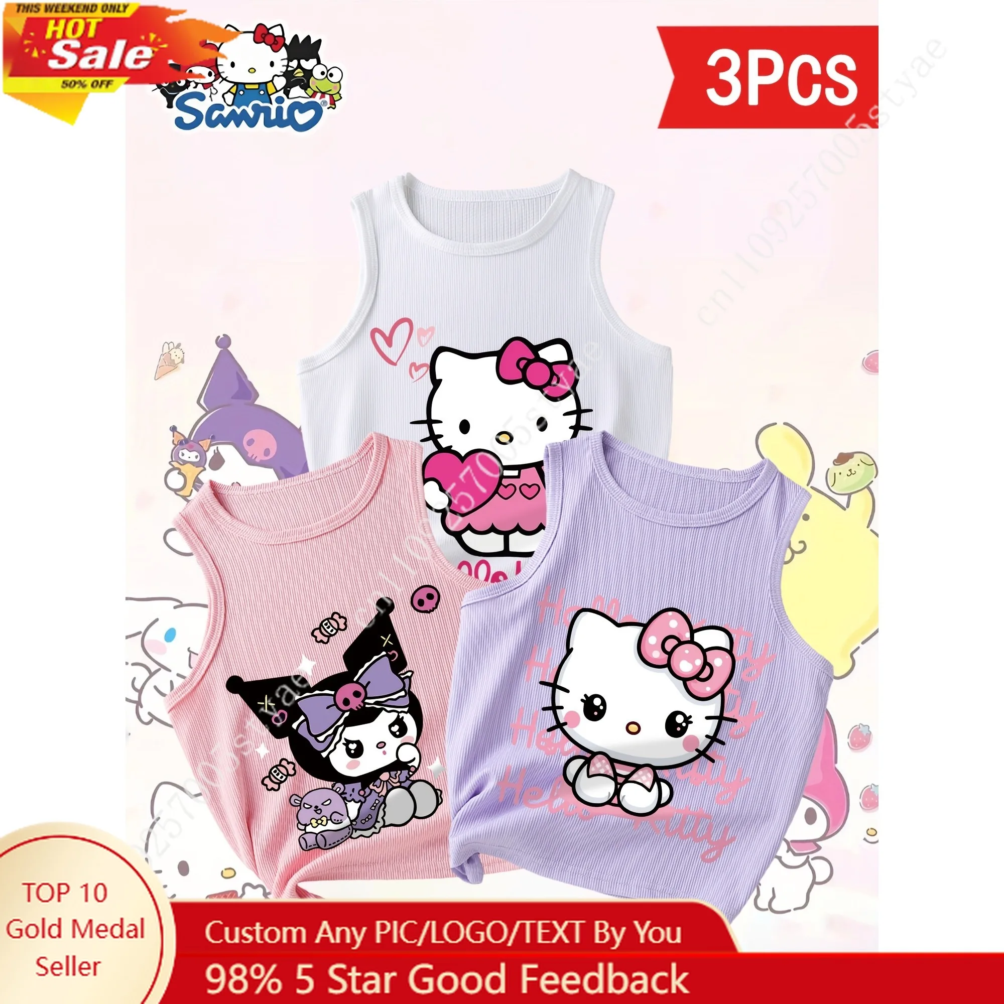 

3pcs Hello Kitty Kuromi Fashion Ribbed Vest Summer Cool Top Sanrio Genuine Authorized Cute Cartoon Print Stretchy