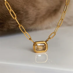 Square cz stone pendant necklace for women stainless steel paperclip chain necklace minimalist dainty jewelry elegant jewelry