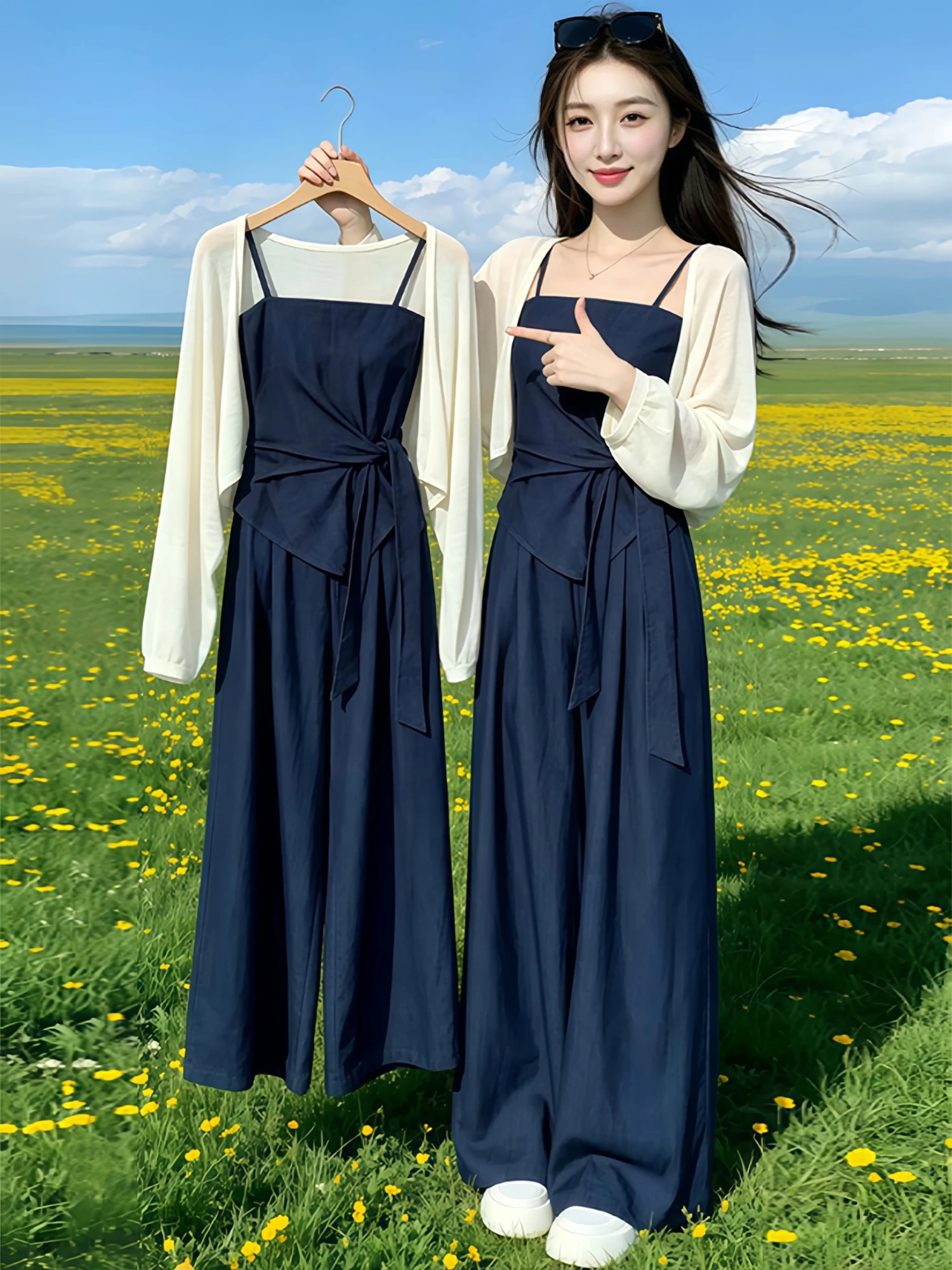 

Summer New Ice Silk Knitted Wrap Cardigan And Belted Top Loose Casual Pants Beautiful Two-Piece Women's Fashion Set Breathable
