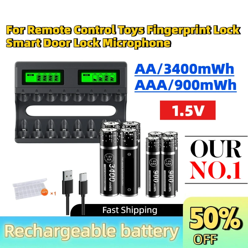 Hot Sale 1.5V AA/3400mWh AAA/900mWh Rechargeable Battery for Remote Control Toys Fingerprint Lock Smart Door Lock Microphone