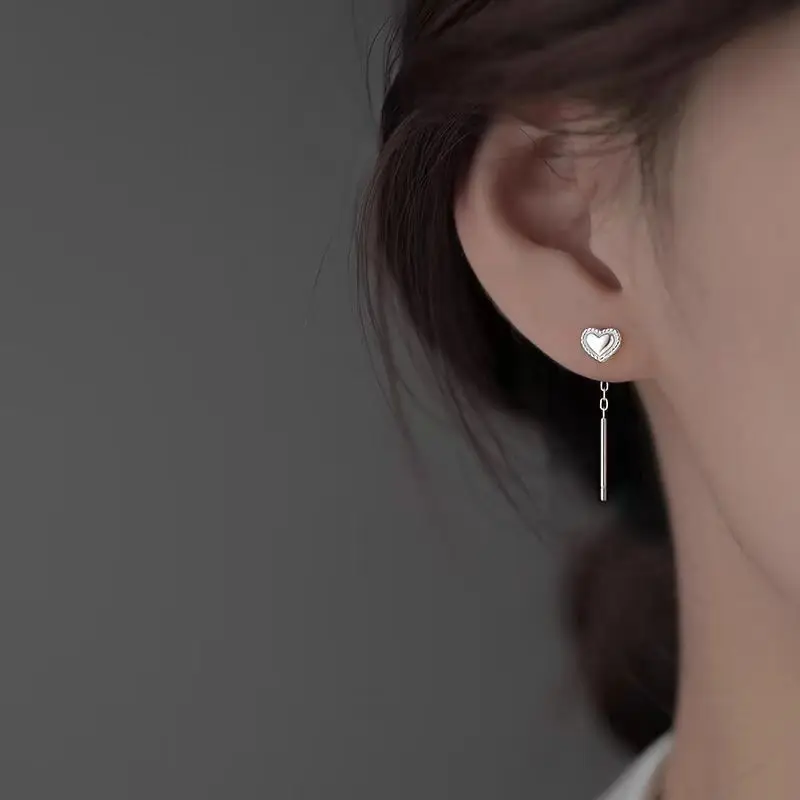 Solid Sterling Silver Korean-Style Heart Stud Threader Drop Earrings– Sweet Fresh Chic Niche Designer Ear Fashion Jewelry