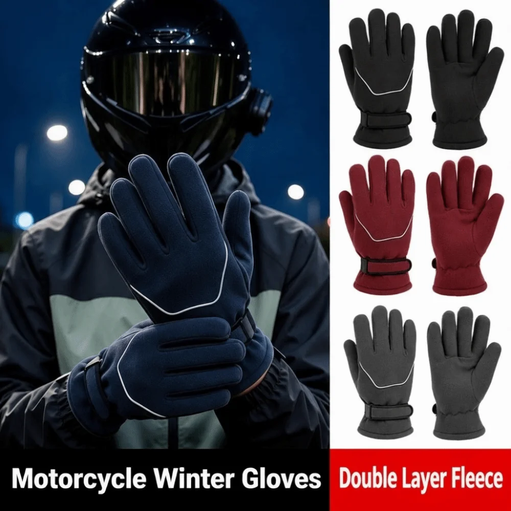 Adjustable Strap Double Layer Warm Gloves Cold Proof Magic Tape Closure Men Women Winter Gloves 92% Polyester 8% Spandex