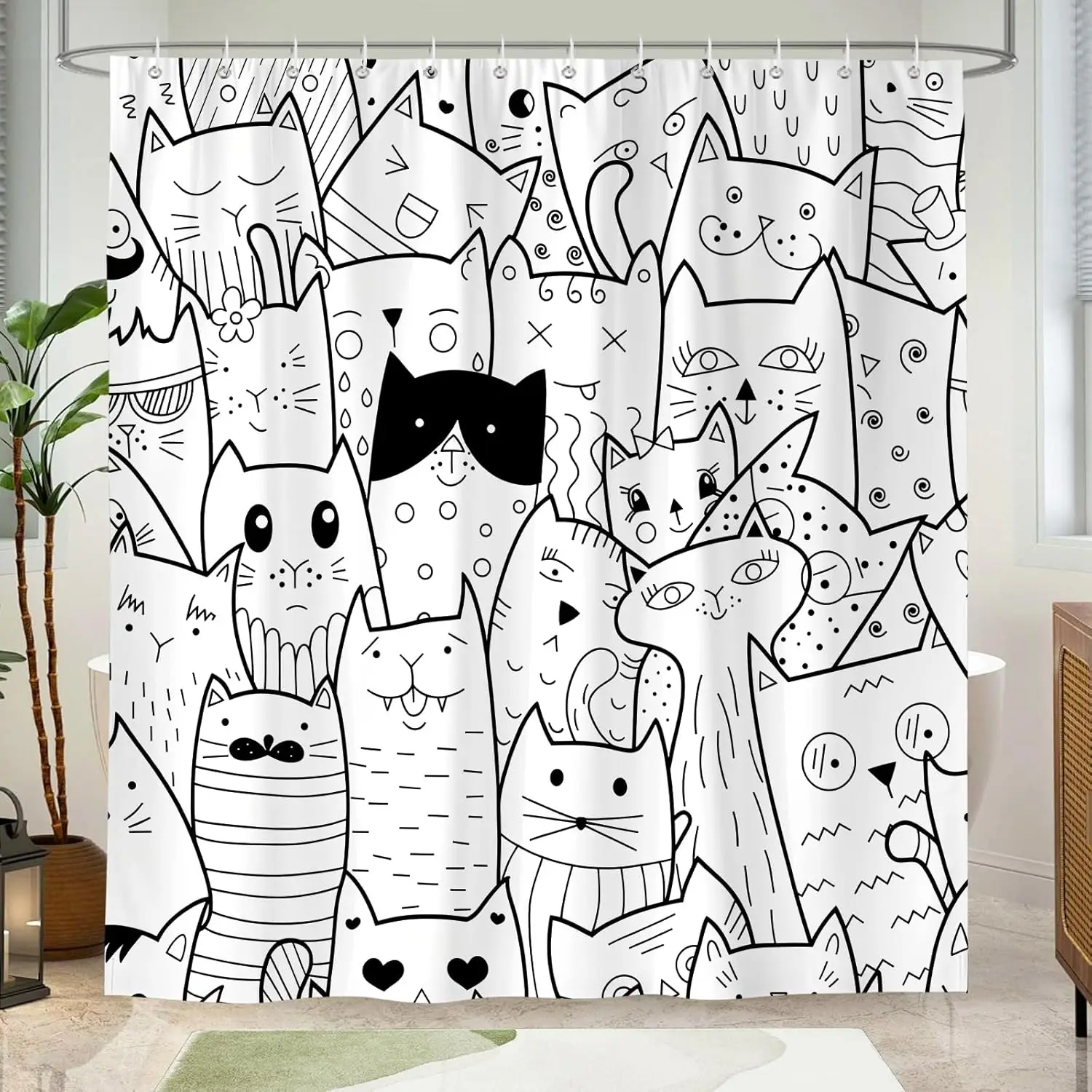Funny Cat Shower Curtain – Black & White Abstract Line Art, Playful Modern Bathroom Decor 71x71 inch with12 pc Hooks