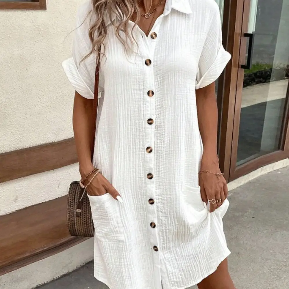 Elegant Womens Summer Dress Solid Color Button Front Mid Length Short Sleeve Loose Fit Casual Retro Style Breathable