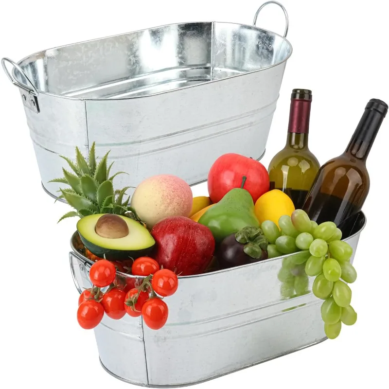 

2 Pack Silvery Metal Ice Bucket with Handle, 3 Gallon Large Galvanized Bucket, Oval Beverage Tub, Wine Beer Drink Buckets