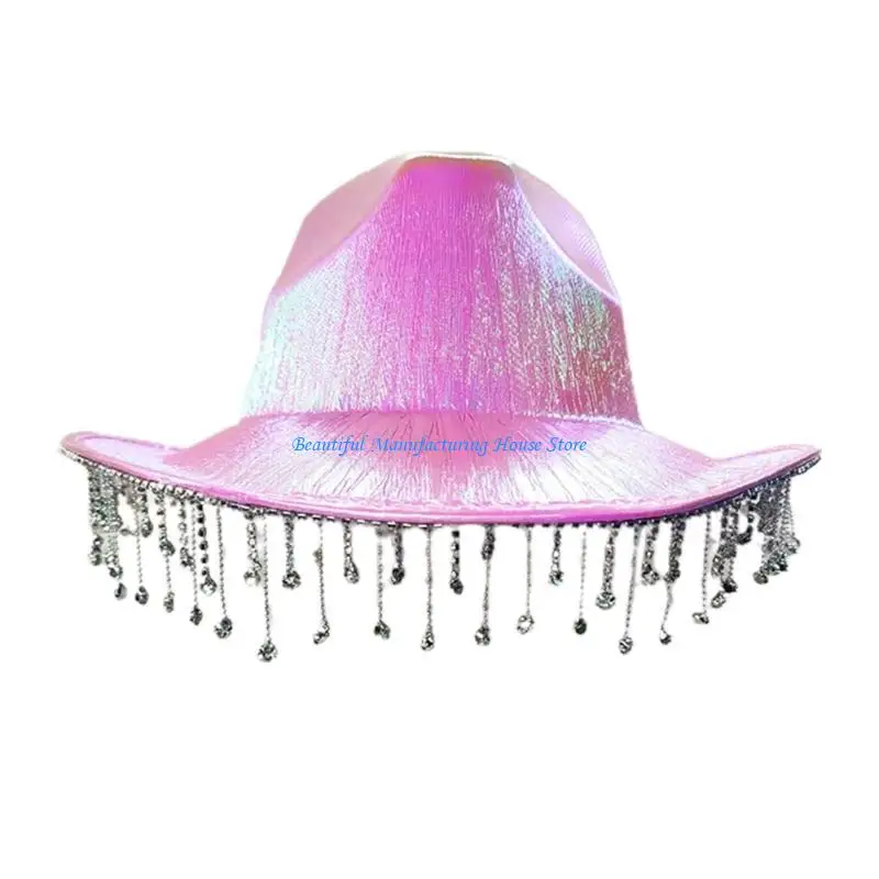 E56A Cool Disco Hat Glinting Tassel Cowboy Hat All-match for Carnivals Music Festival