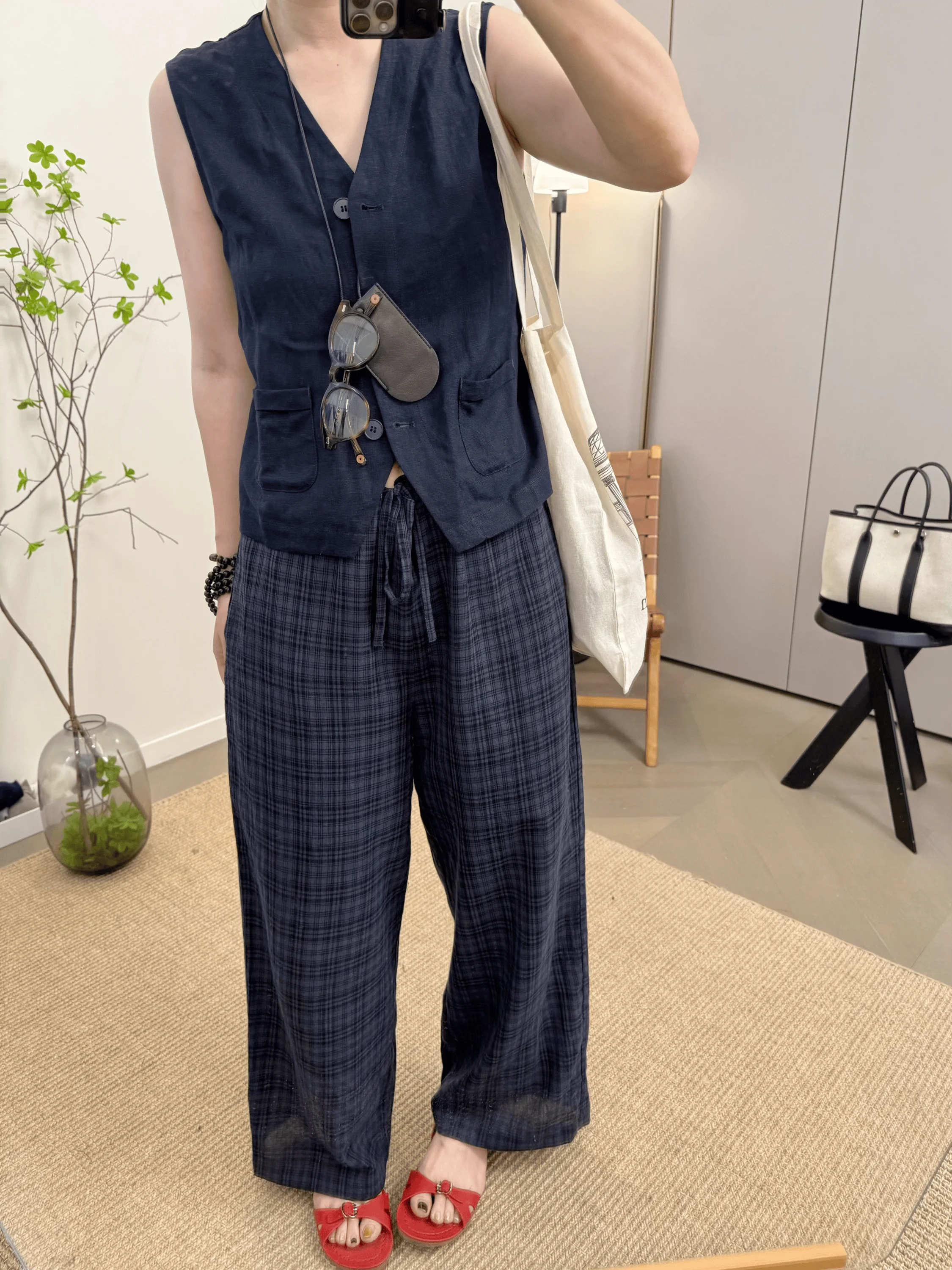 

Ultra-Lightweight Breathable Cotton Plaid 9-Length Straight-Cut Casual Pants New Summer Arrival Women's High-Waist Trousers