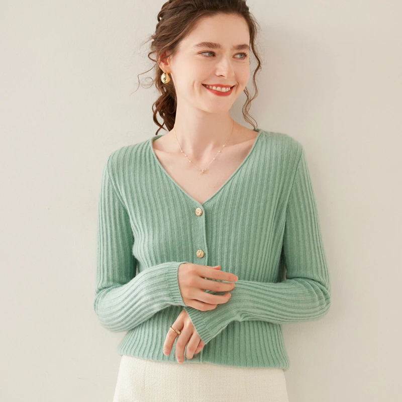Women's fall/winter 100% pure wool V-neck long sleeve slim knit cardigan single-breasted sweater Western style coat jacket
