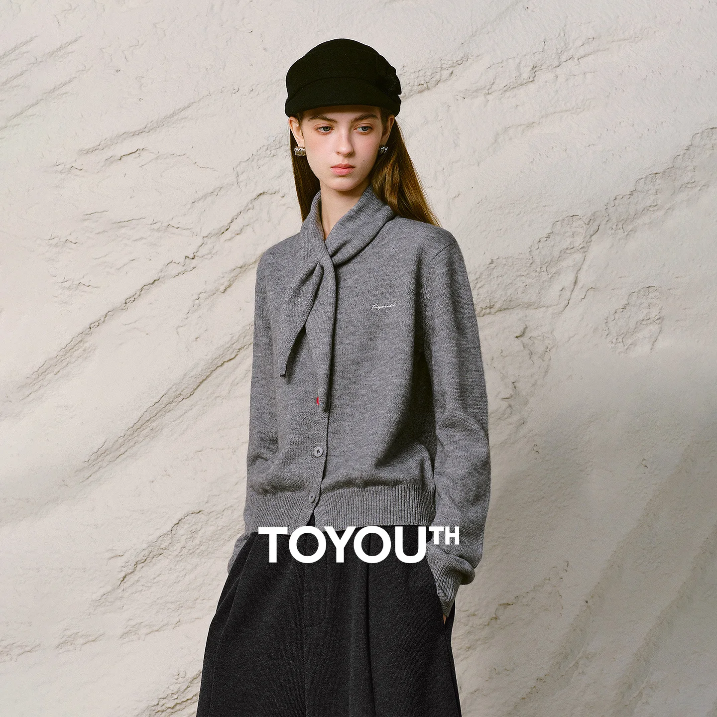 TOYOUTH Women Cardigan 2026 Winter New Vintage Removable Scarf Rainbow Button Knit Outerwear