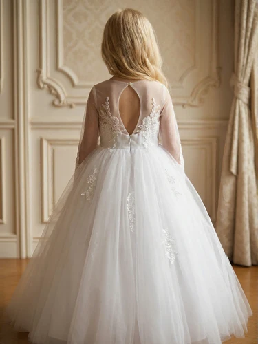 Imagen 2 del producto Vestido de Princesa de Encaje Blanco para Niñas, Manga Larga, Cuello en V, Tul, Maxi Vestido de Fiesta para Bodas y Actuaciones