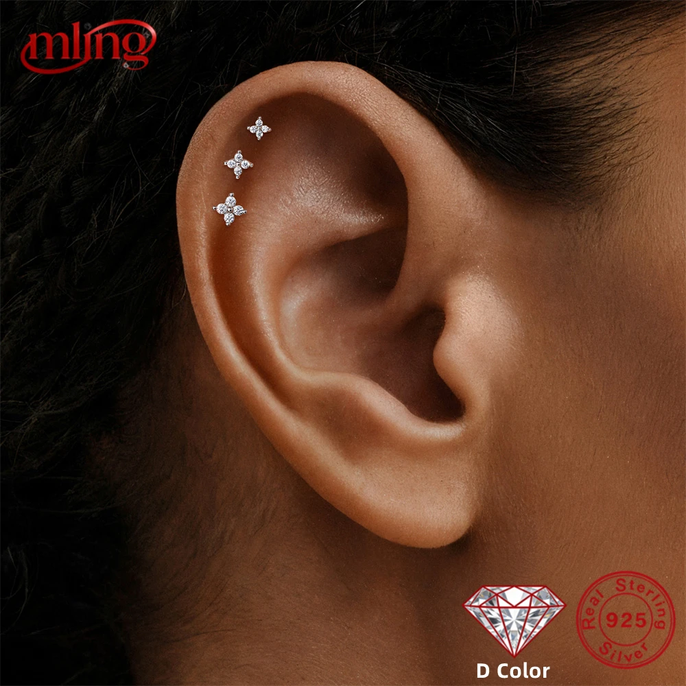 

MLING 3/4/5mm 3PCS D Color Moissanite Petal Flat Head Piercing Earrings For Women 925 Sterling Silver 18K Gold Classic Earrings