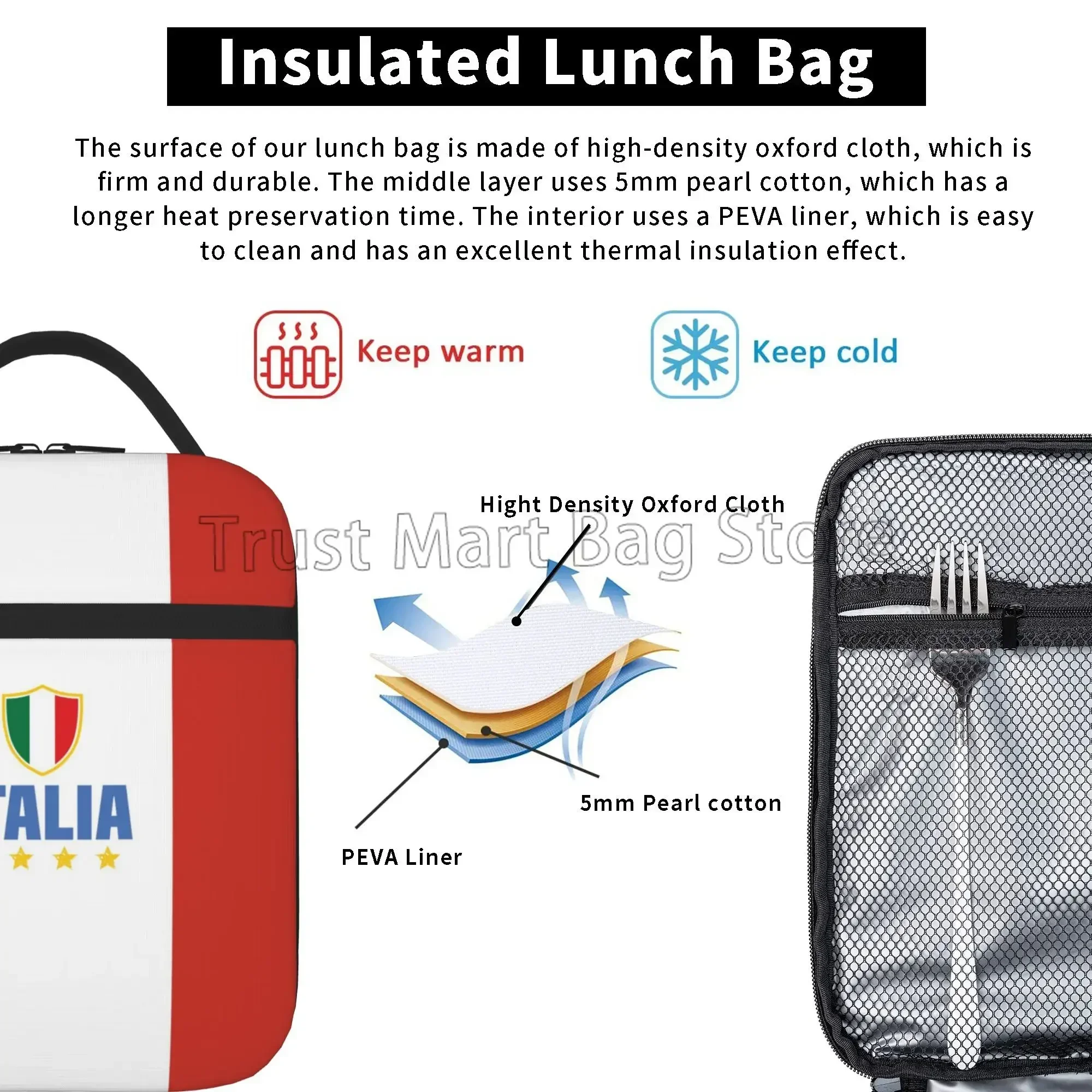 Italian Flag Pattern Insulated Lunch Bag Reusable Portable Thermal Bento Tote Bag for Women Boys Girls Work School Picnic Travel