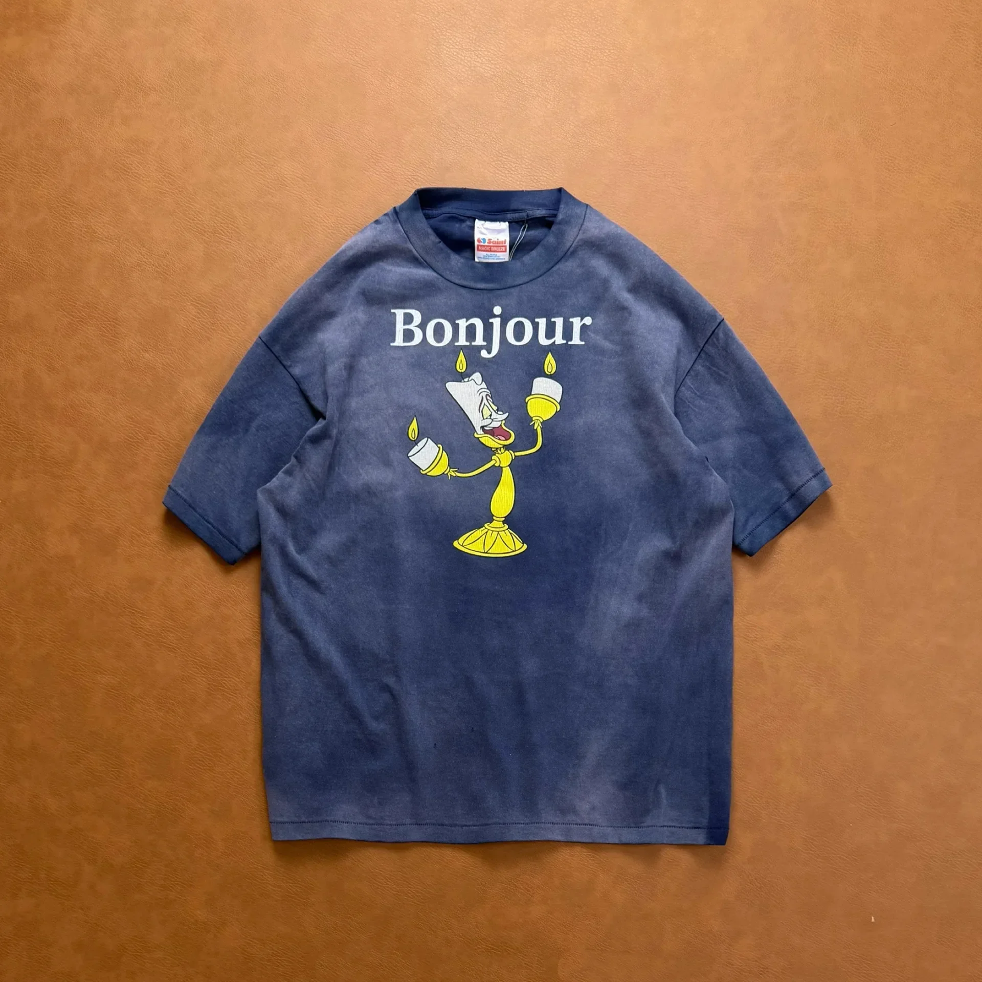Japanese high-end niche [Saint] cartoon joint name, candlestick person, washed retro high street cylinder short-sleeved T-shirt