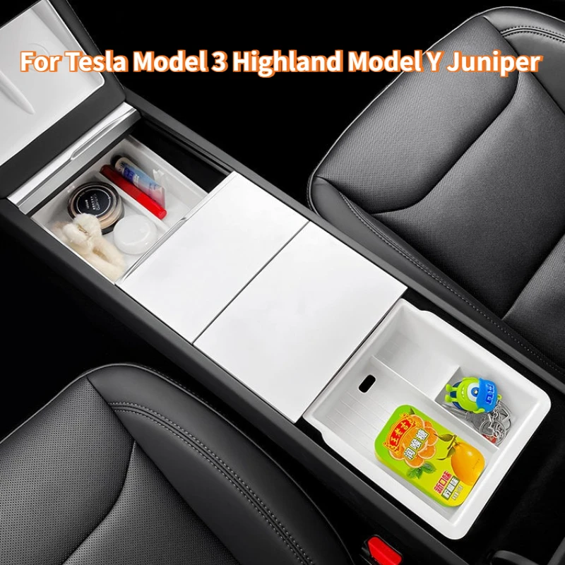 

Центральный органайзер белого цвета для Tesla Model 3 Y Juniper 2025: двухслойный ящик для хранения в подлокотнике, аксессуары для интерьера