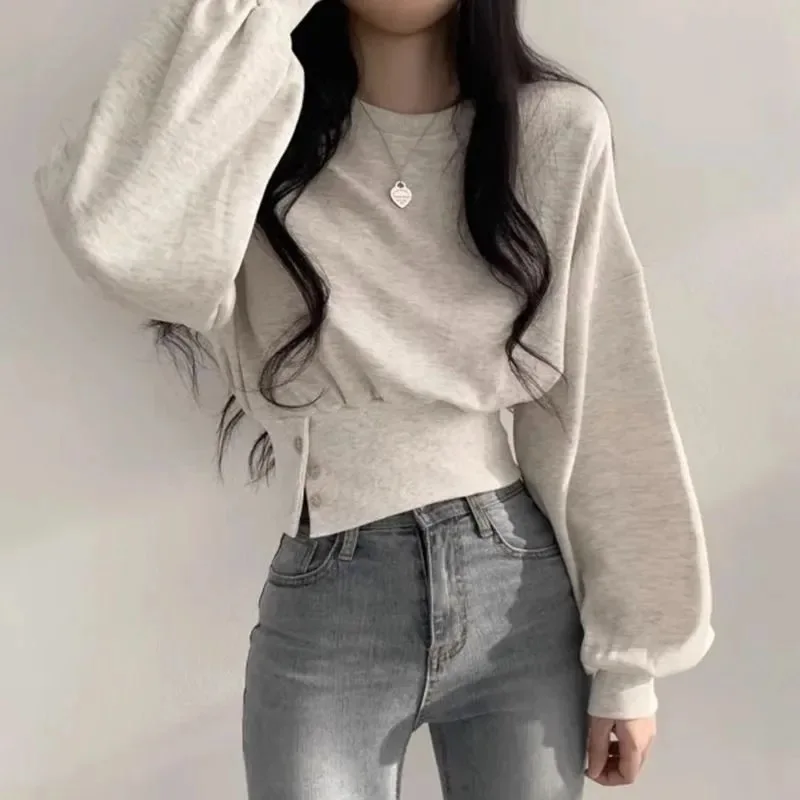 Korean Spring Chic Solid Hoodies Women Casual O-neck Long Sleeve Pullover Y2k Tops 2024 New Slim Fit Button Simple Ropa Mujer