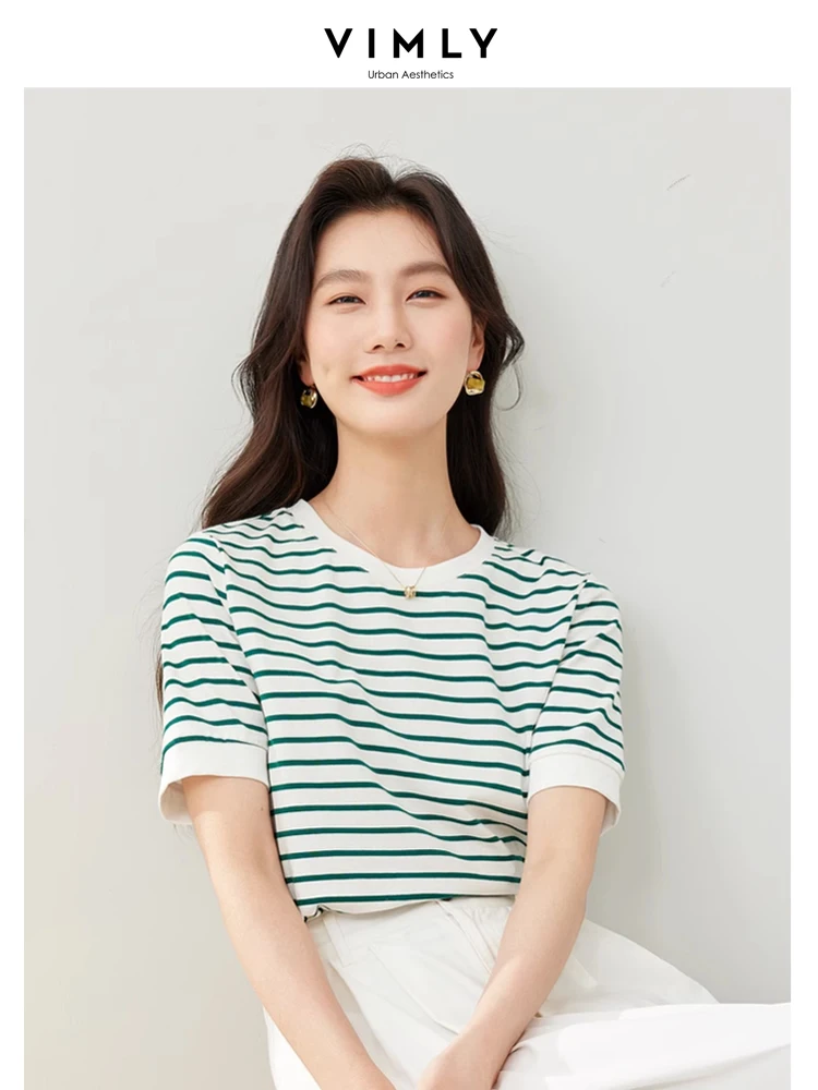 Vimly Contrast Striped Cotton Short Sleeve Women\'s T-shirt 2024 Summer Woman Simple Loose Casual Round Neck Pullovers Top M6563