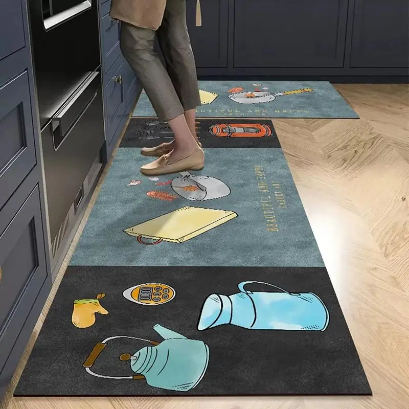 VIKAMA Minimalist Kitchen Runner Rug Sketch Cooking Tool Print Non Slip Water Oil Resistant Long Mat Home Decor
