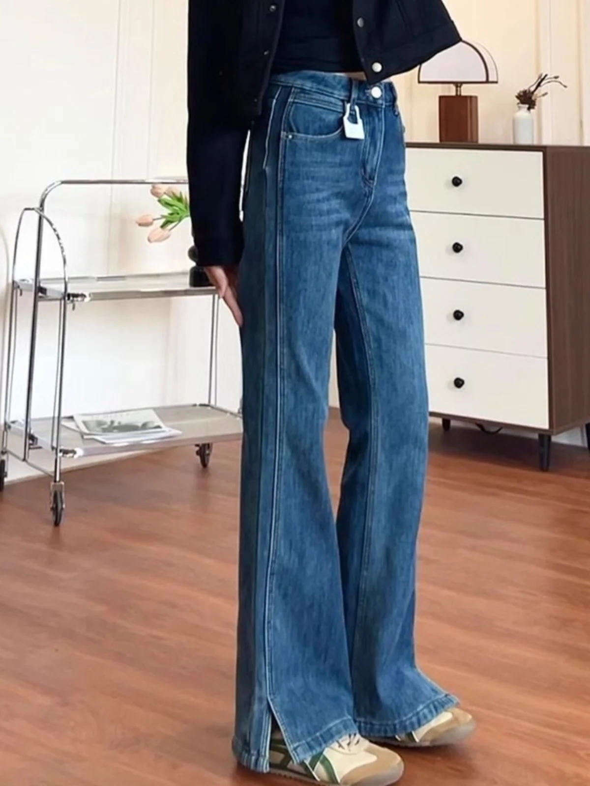 

Джинсы с высокой талией в винтажном стиле, широкие, с разрезами, модные, длинные, стройнящие, длиной в пол, буткат, джинсовые брюки для женщин