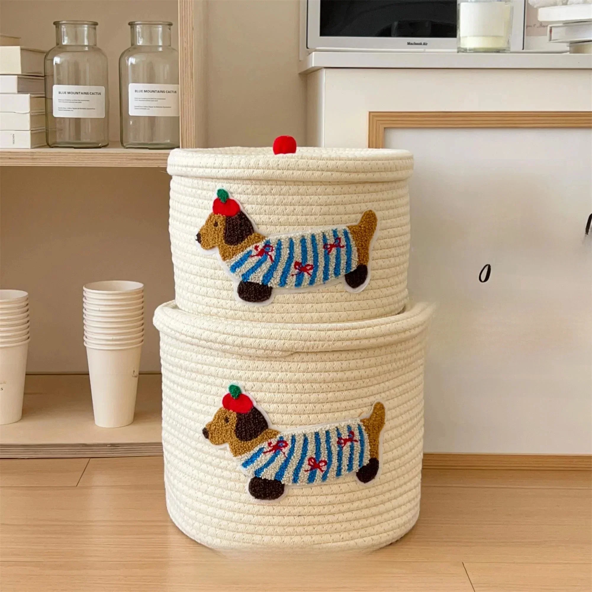 Ins Sausage Dog Cotton String Woven Storage Basket With Lid Dustproof Desktop Sundries Storage Basket Living Room Household