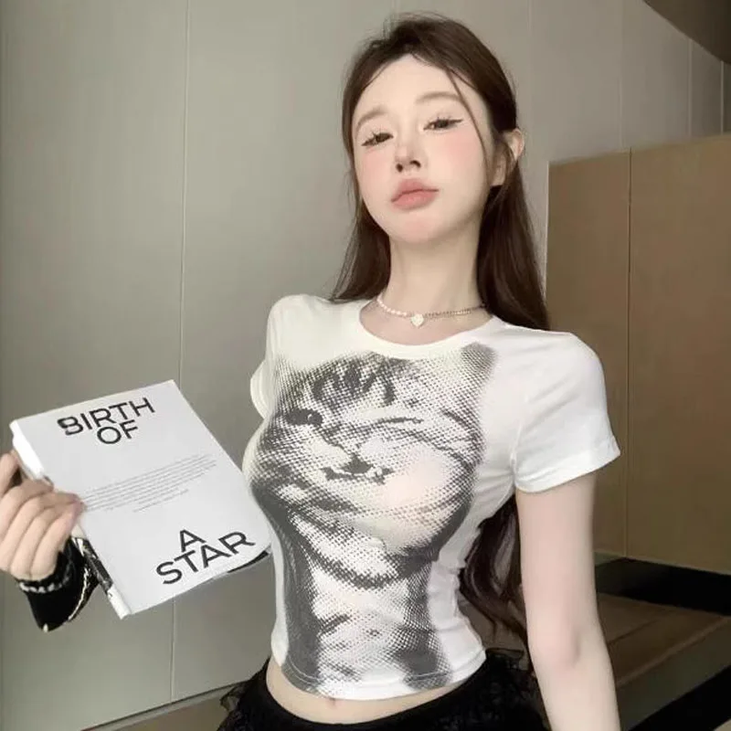 Women's Retro Halftone Cat Print Cropped T-Shirt Short Sleeve Slim Fit Casual Y2K Streetwear Top