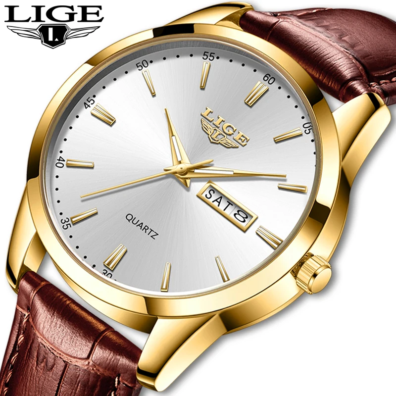 LIGE Quartz Men Watches Leather Strap Male Wristwatches Top Luxury Brand Luminous Date Week Business Men\'s Clock Reloj Hombres