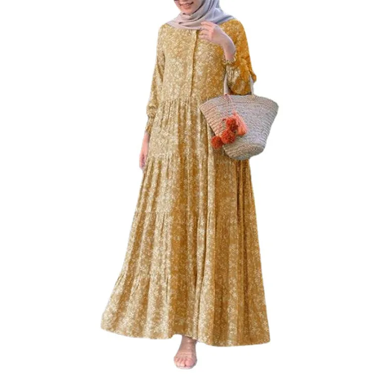 Ramadan Muslim Printed Maxi Dress for Women, Abaya, Islamic Clothing, Long Sleeve Shirt, Female Button Robe, Casual, Summer