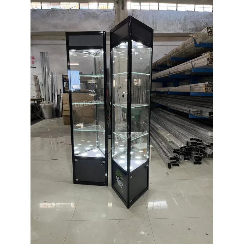 Armoire en verre avec lumières LED, personnalisée, pas cher, meubles de boutique, cadre en aluminium, vitrines d'angle en verre, magasin de fumée