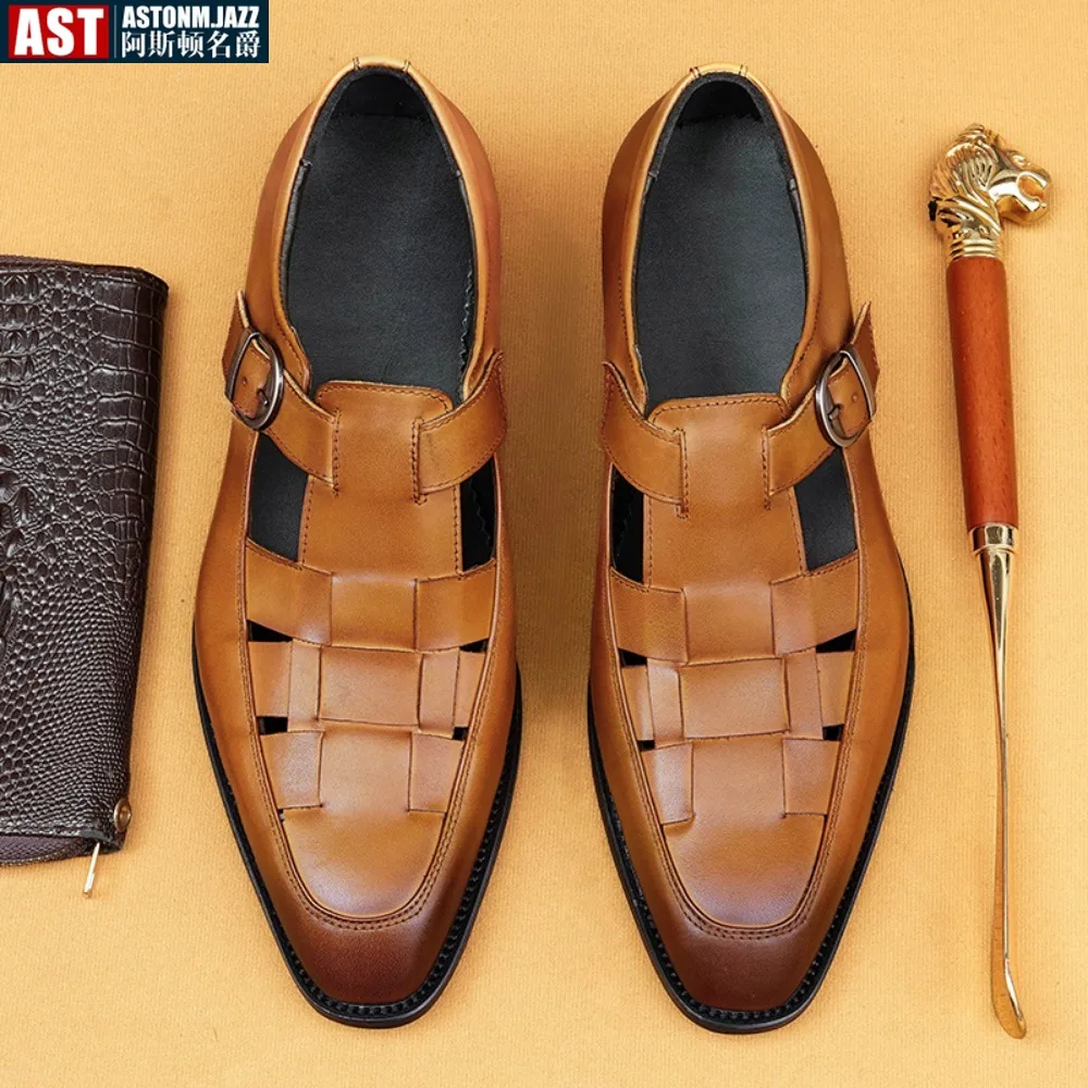 

Summer Men Genuine Leather Antiskid Sandals Casual Leather Hollow Soft Bottom Breathable Outdoor Shoes Classic Fashion Sandals