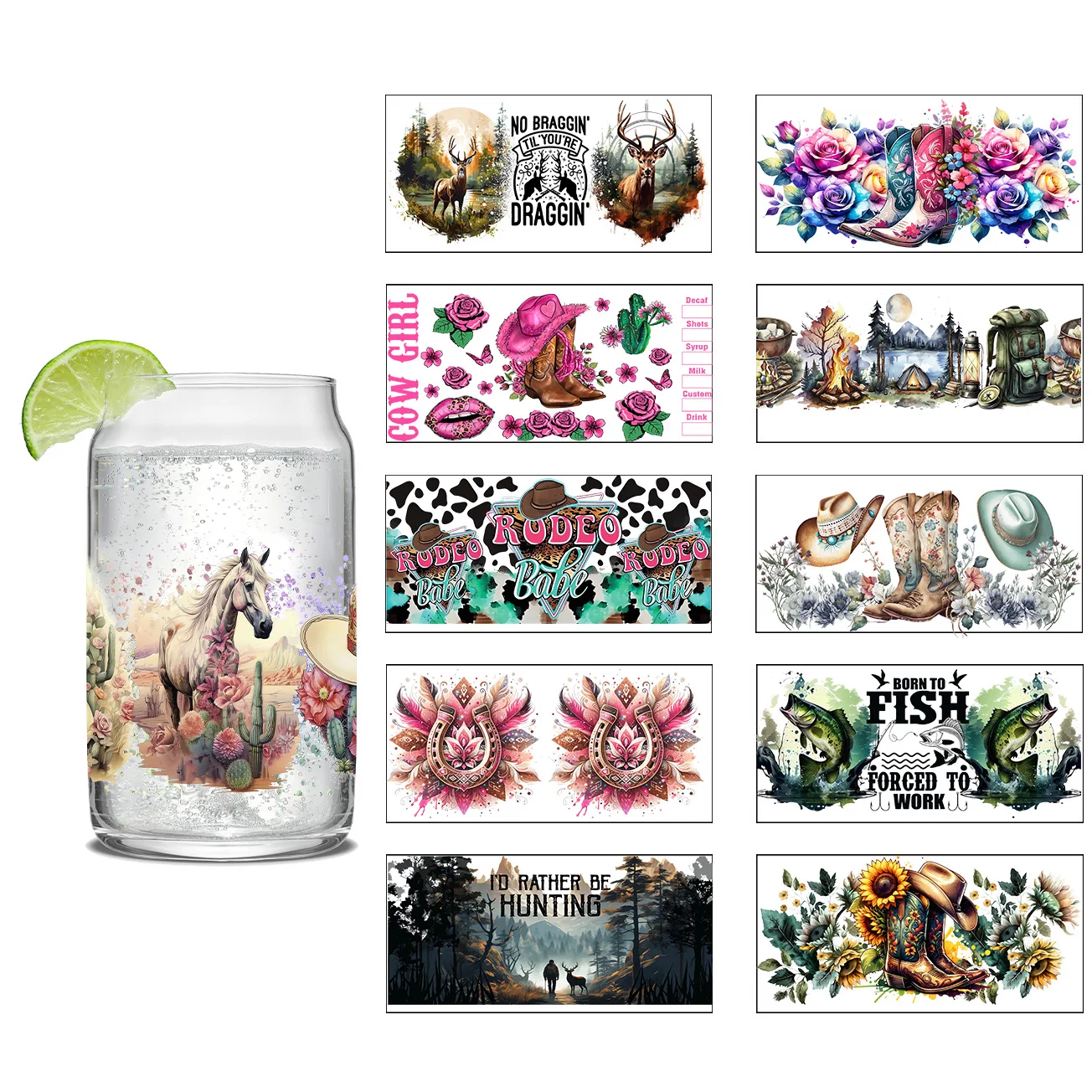 16oz UV DTF Cowboy Boots Design Cup Wraps 3D Sticker Crystal Label DIY Wrap Glass Sticker for Cup Decoration