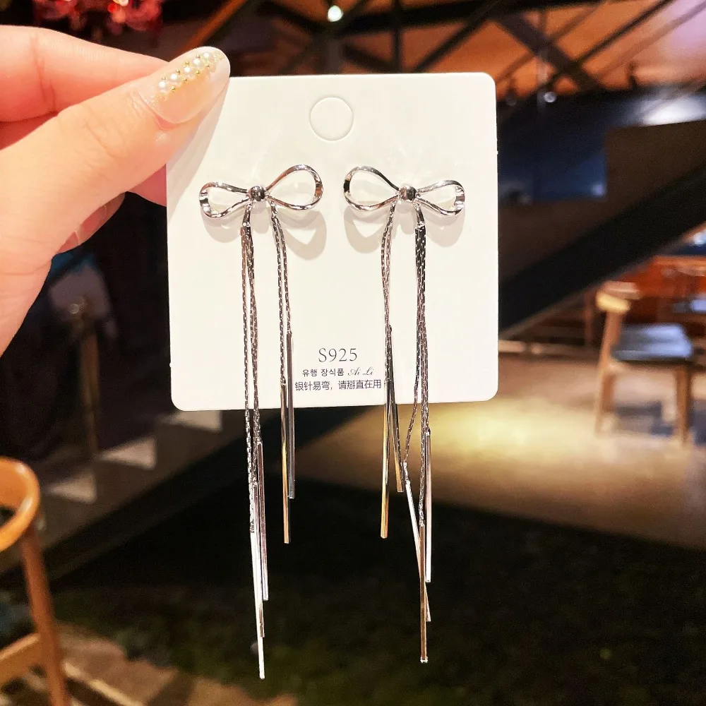 Temperament Stainless Steel Ribbon Long Tassel Bowknot Drop Dangle Earrings for Women Charm Party Jewelry Korean Fashion Gift