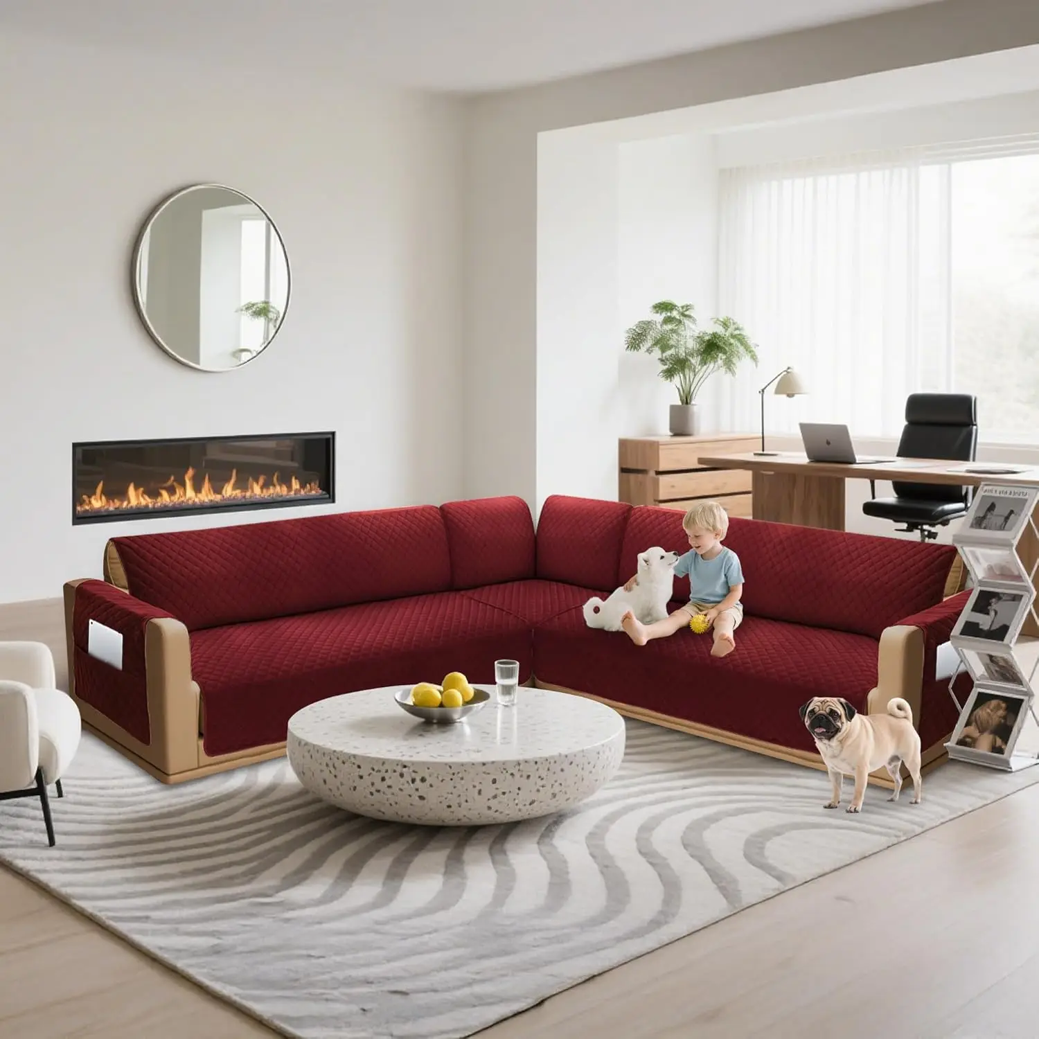 Sarung Sofa Bentuk L Anti Air untuk Anjing, Ramah Hewan Peliharaan, Beludru, Dapat Dicuci, Anti Selip dengan Kantong (Merah Anggur, Ukuran XX-Large)