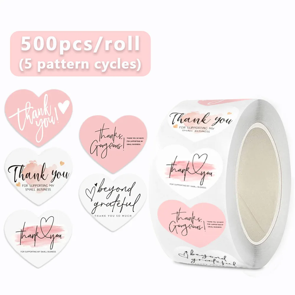 100-500pcs Heart Pink Thank You Stickers For Supporting Business Package Decoration 