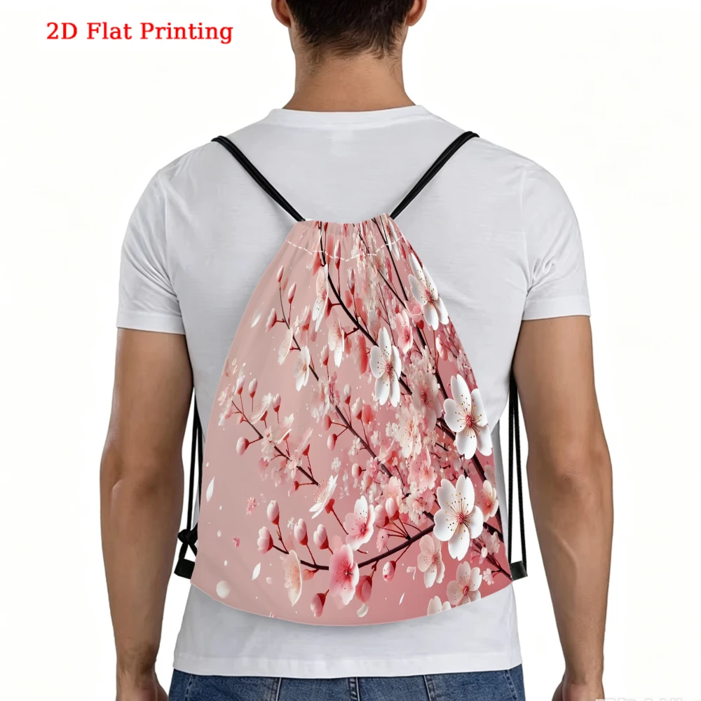2D Flat Print Cherry Blossom Drawstring Backpack for Fitness Sports Outdoor Travel
