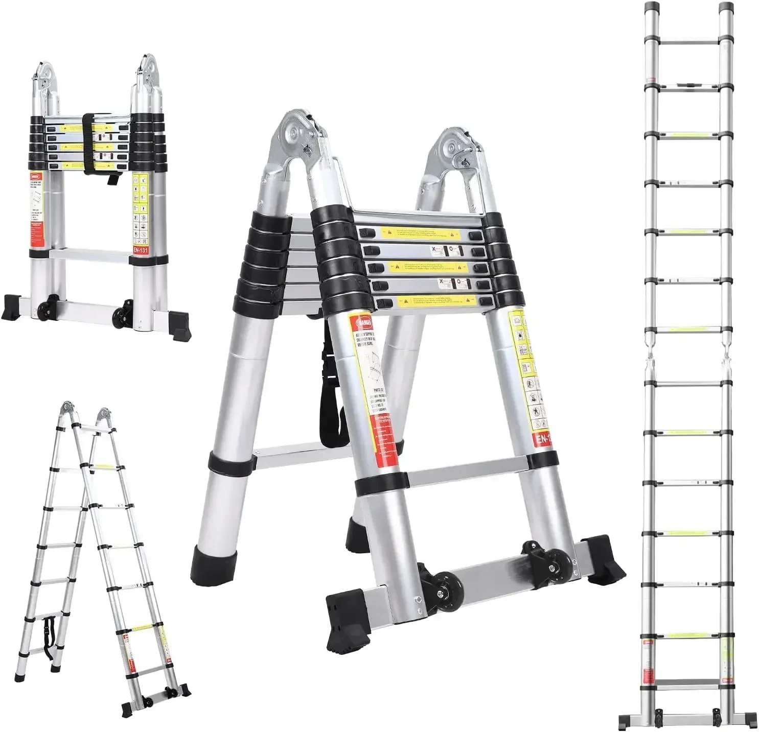 BOWEITI Telescoping Ladder,Telescoping A Frame Ladder with Balance Bar and Movable Wheel,Household Use Folding Ladder,Multi-Purp