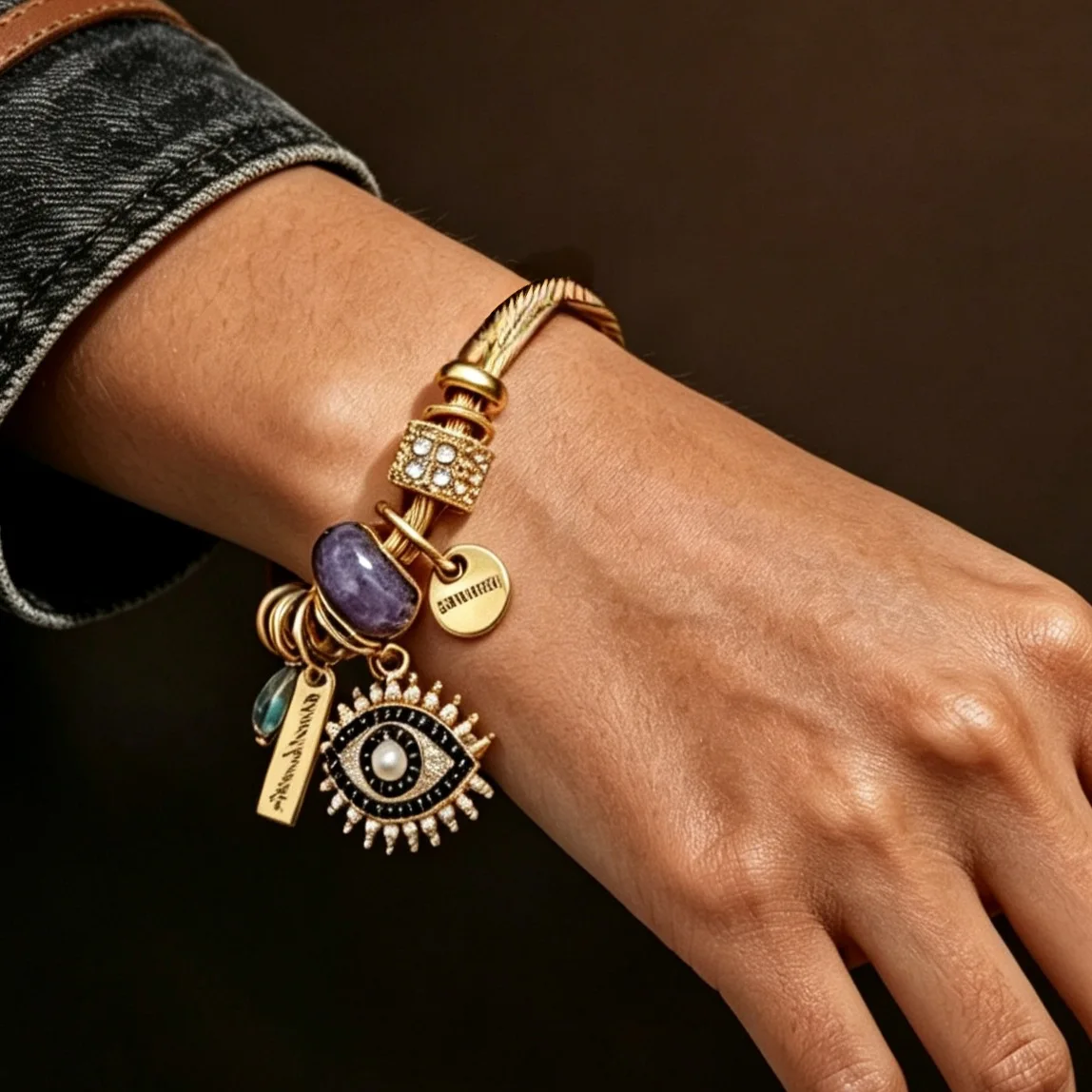 Golden Versatile Boho Charm Bracelet Halloween Evil Eye Rhinestone Inlaid Adjustable Open Bangle With Vintage Purple Stone Pendant European And American Ethnic Style Bracelet For Women Daily Party Wear