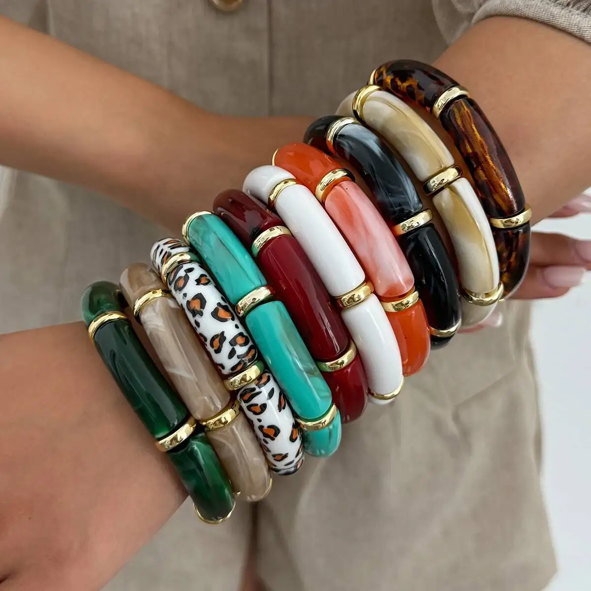 PuRui 10 Farben Kreative Vintage Acryl Runde Rohr Armbänder Für Frauen 2026 Neue Mode Stapelbare Elastische Armreif Täglichen Schmuck