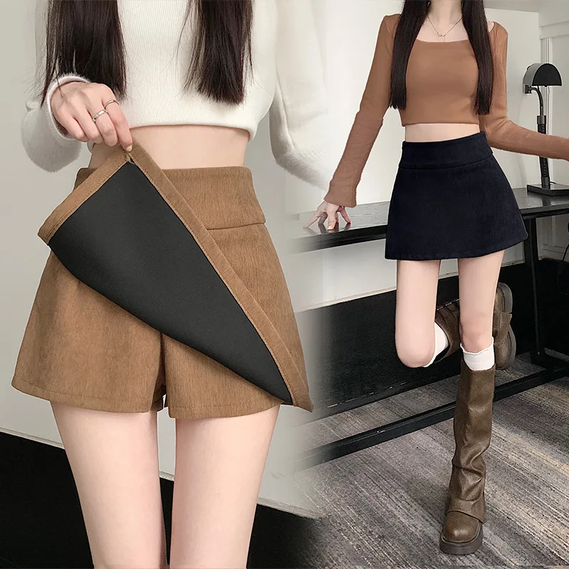 Khaki Corduroy Skirt Women 2025 Autumn New High Waist Slimming Versatile Anti-Exposure One-Step Shorts Skirt